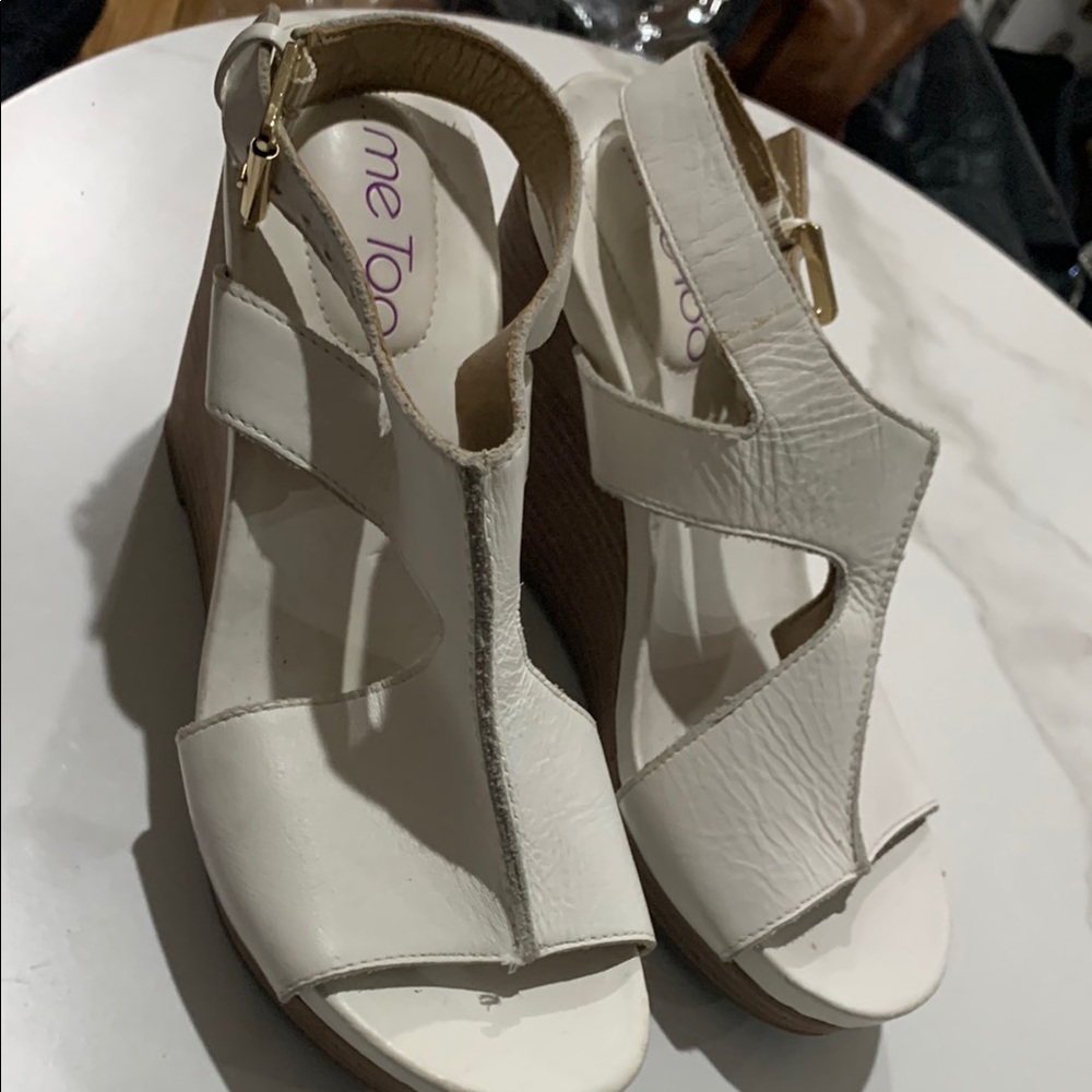 me too White Leather Wedge Sandals